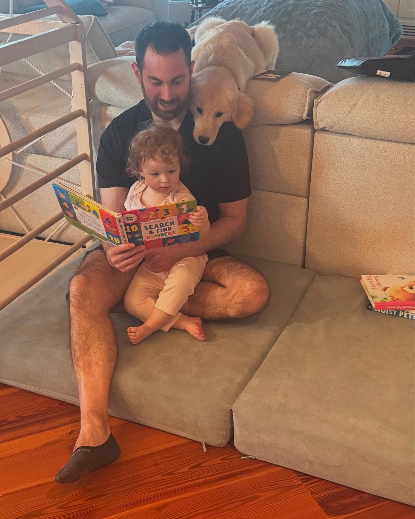 Jesse Plunkett reading a counting book with his toddler daughter on his lap while Nala, his golden retriever, looks on over his shoulder